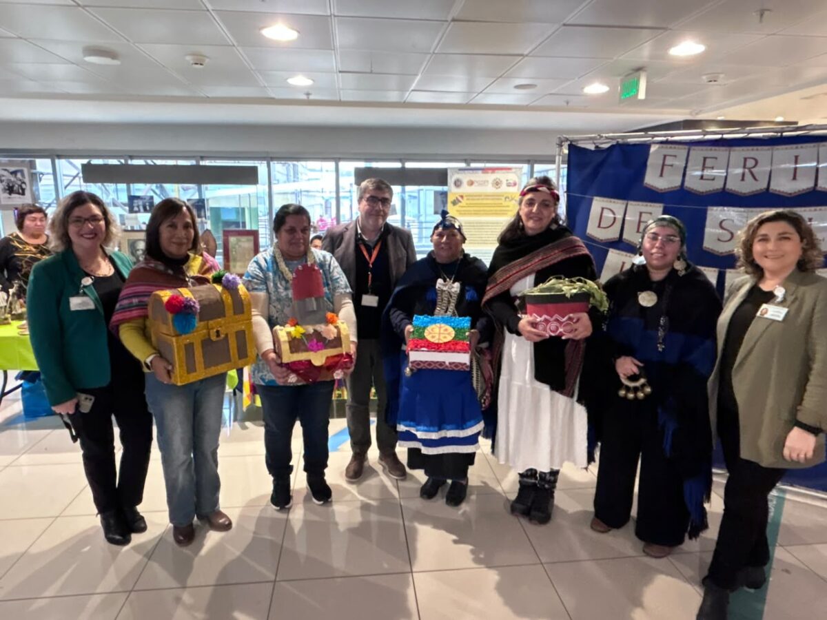 Grupo de personas de pueblos originarios y personal de salud en la Feria Intercultural del Hospital Fricke.