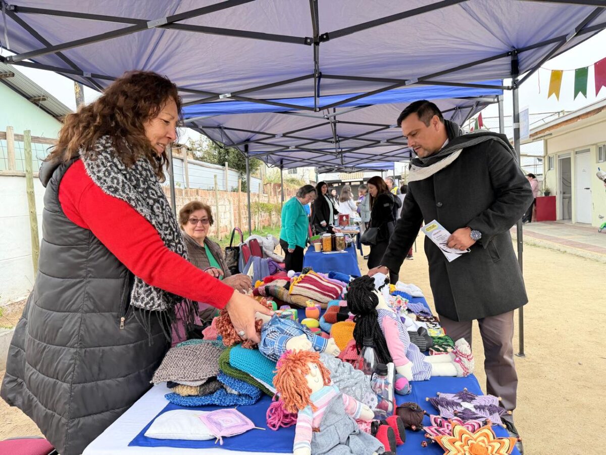 Personas interactuando en un puesto de artesanías y productos durante la feria en Villa Alemana.