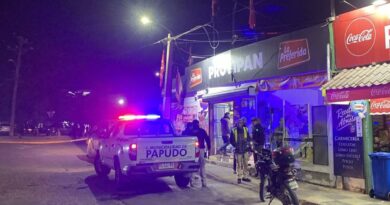 Patrulla municipal de Papudo con luces encendidas frente a un comercio en la noche.