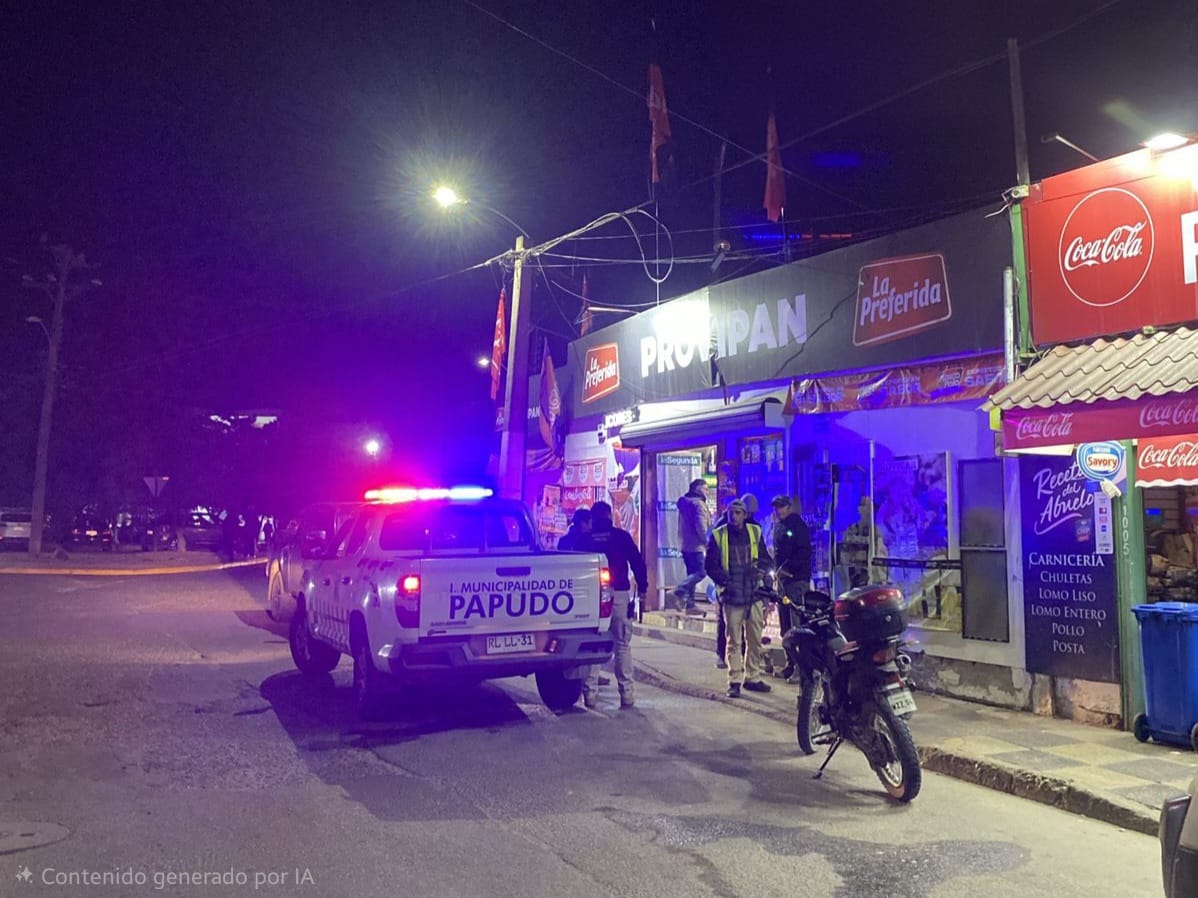 Patrulla municipal de Papudo con luces encendidas frente a un comercio en la noche.