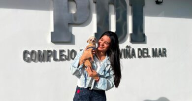 Mujer sonriente sosteniendo un perro Chihuahua frente a las siglas "PDI COMPLEJO VIÑA DEL MAR".
