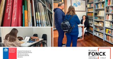 Collage de imágenes del interior de la biblioteca del Museo Fonck, mostrando estanterías llenas de libros y personas interactuando en el espacio.