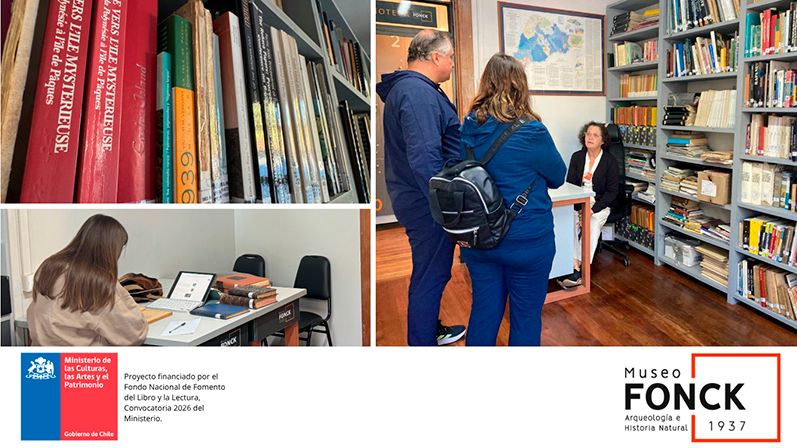 Collage de imágenes del interior de la biblioteca del Museo Fonck, mostrando estanterías llenas de libros y personas interactuando en el espacio.