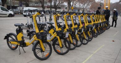 Fila de scooters y bicicletas amarillas de la empresa Whoosh estacionadas en una vereda.