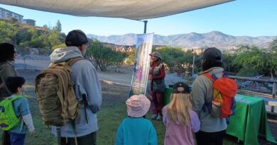 Grupo de personas, incluyendo niños y adultos, observando una presentación al aire libre en un parque con montañas al fondo.