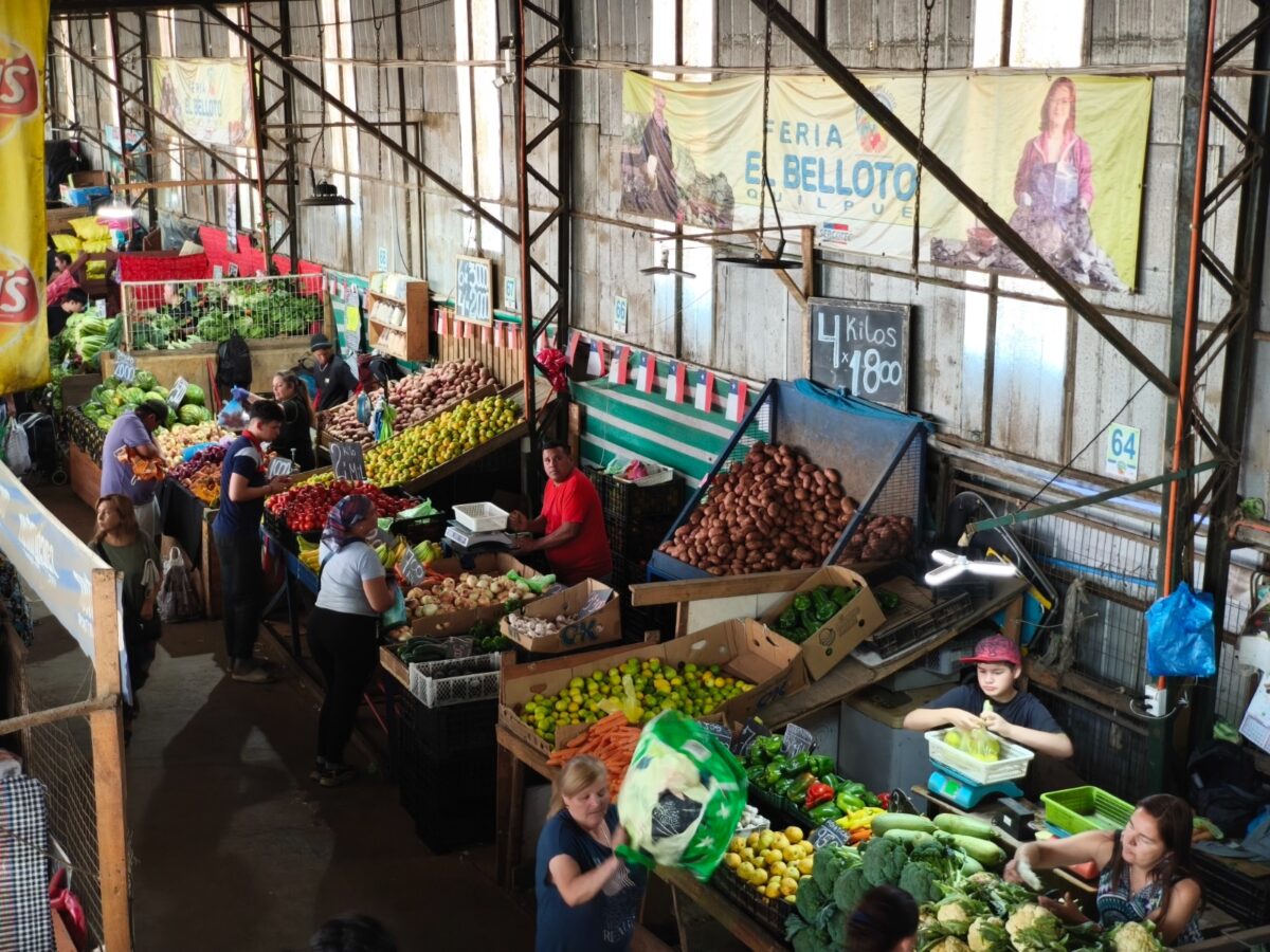 Pasillo interior de la Feria El Belloto con locatarios y clientes en sus puestos de venta.