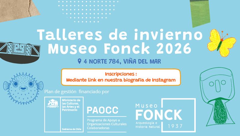 Afiche promocional de los Talleres de invierno Museo Fonck 2026 en Viña del Mar.