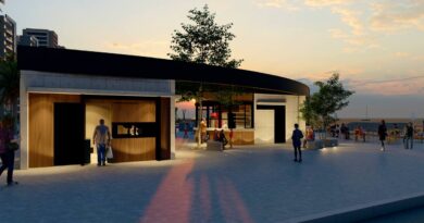 Render del nuevo módulo de servicios en Playa El Sol al atardecer