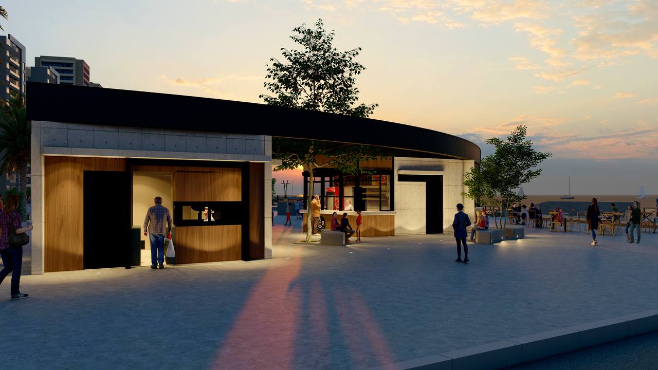 Render del nuevo módulo de servicios en Playa El Sol al atardecer