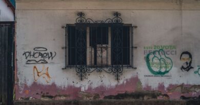 Fachada con rayados y grafitis en una pared urbana.