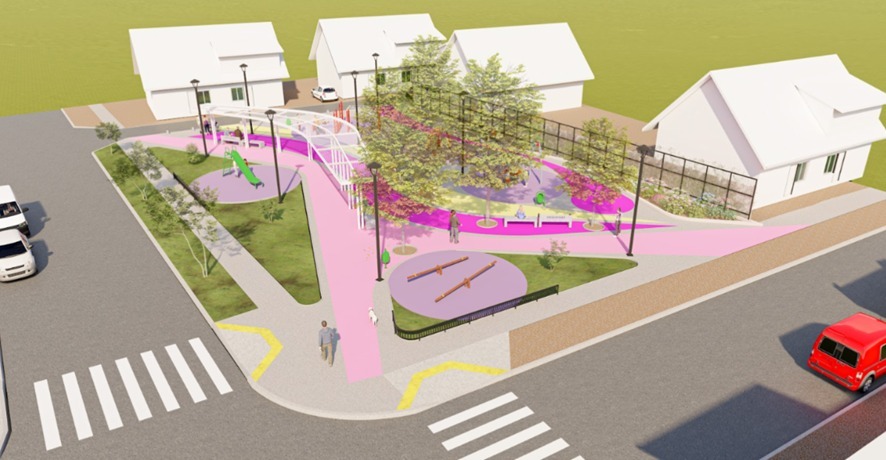 Render del diseño aéreo para el mejoramiento de la plaza en el Barrio Artificio de La Calera.