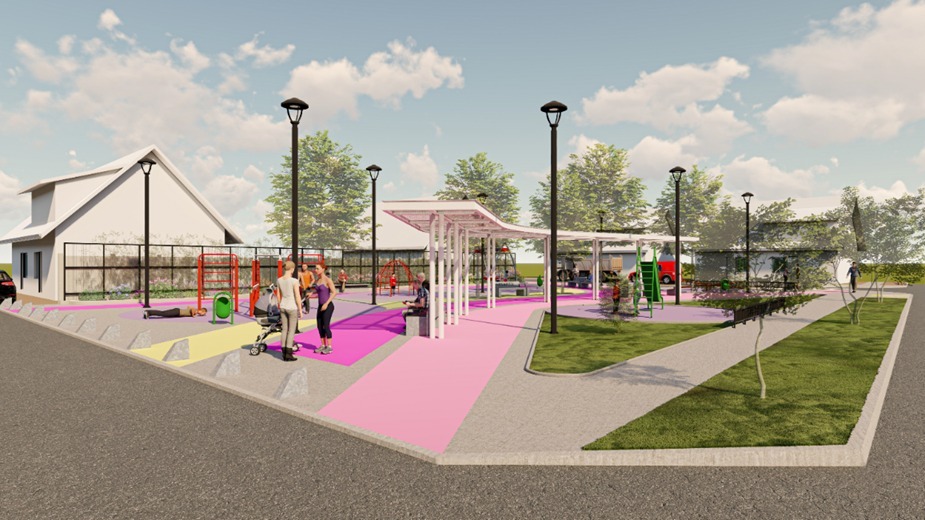 Perspectiva en render de las nuevas zonas de juegos y recreación proyectadas para la plaza.