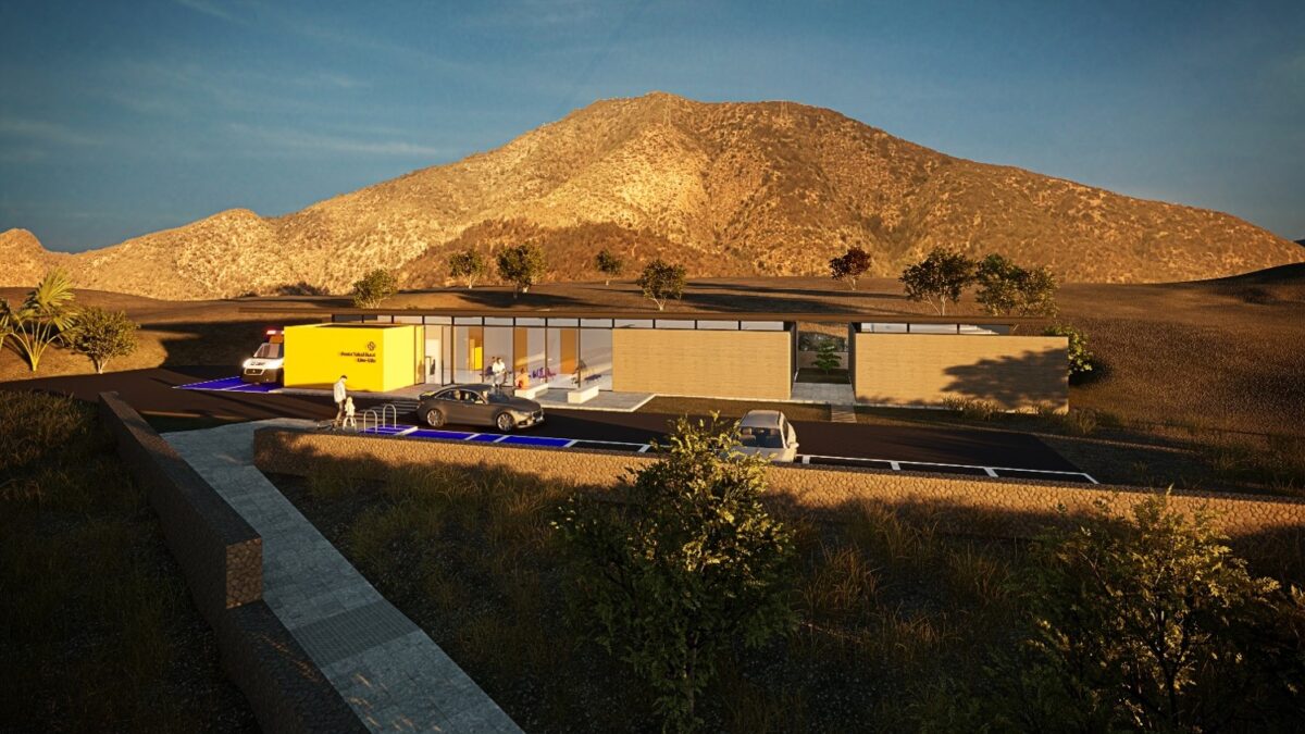 Vista aérea digital del diseño para la Posta de Salud Rural Lliu Lliu en Limache.