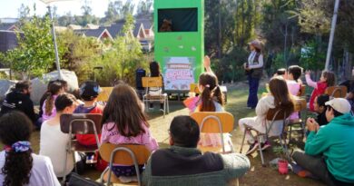Niños y familias asisten a una función de títeres al aire libre en el Parque La Reserva de Villa Alemana.