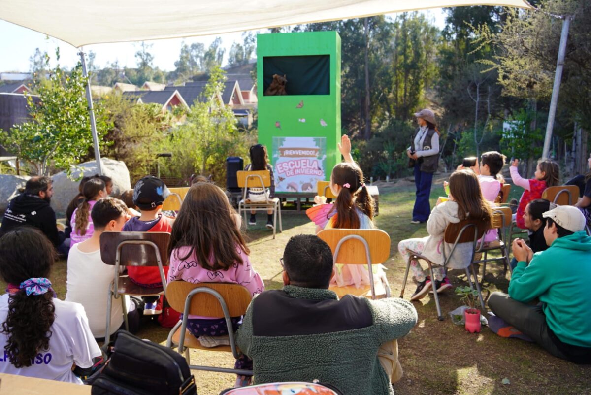 Niños y familias asisten a una función de títeres al aire libre en el Parque La Reserva de Villa Alemana.