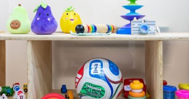 Juguetes educativos y un balón de fútbol dispuestos en un estante infantil.