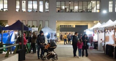 Vista nocturna de la feria de emprendedores y actividades en el edificio consistorial de Villa Alemana.