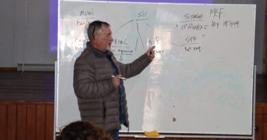 Asesor del Centro de Desarrollo de Negocios SERCOTEC explica conceptos de formalización en una pizarra durante el taller.