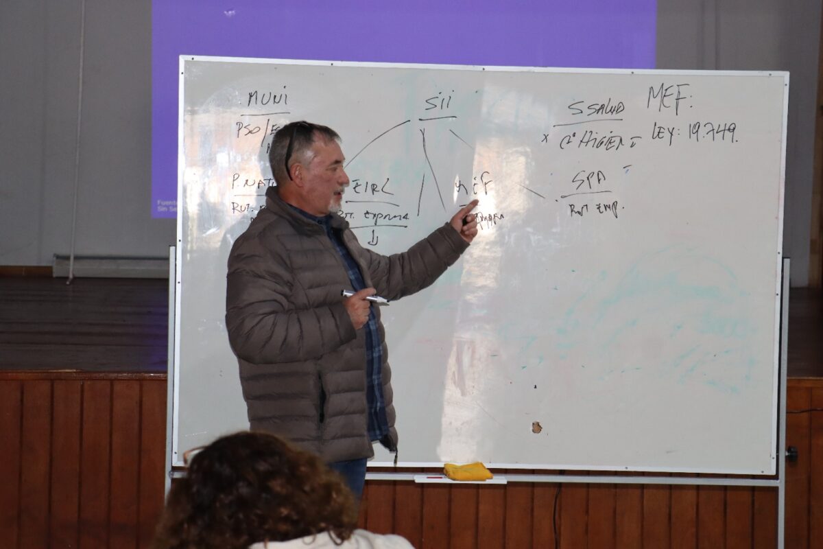 Asesor del Centro de Desarrollo de Negocios SERCOTEC explica conceptos de formalización en una pizarra durante el taller.