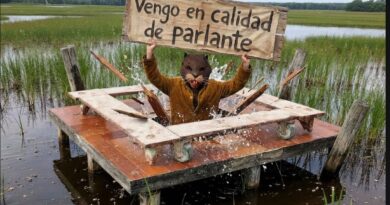 Escena de la obra Informe Coipo donde un actor caracterizado como coipo sostiene un cartel con el mensaje Vengo en calidad de parlante.