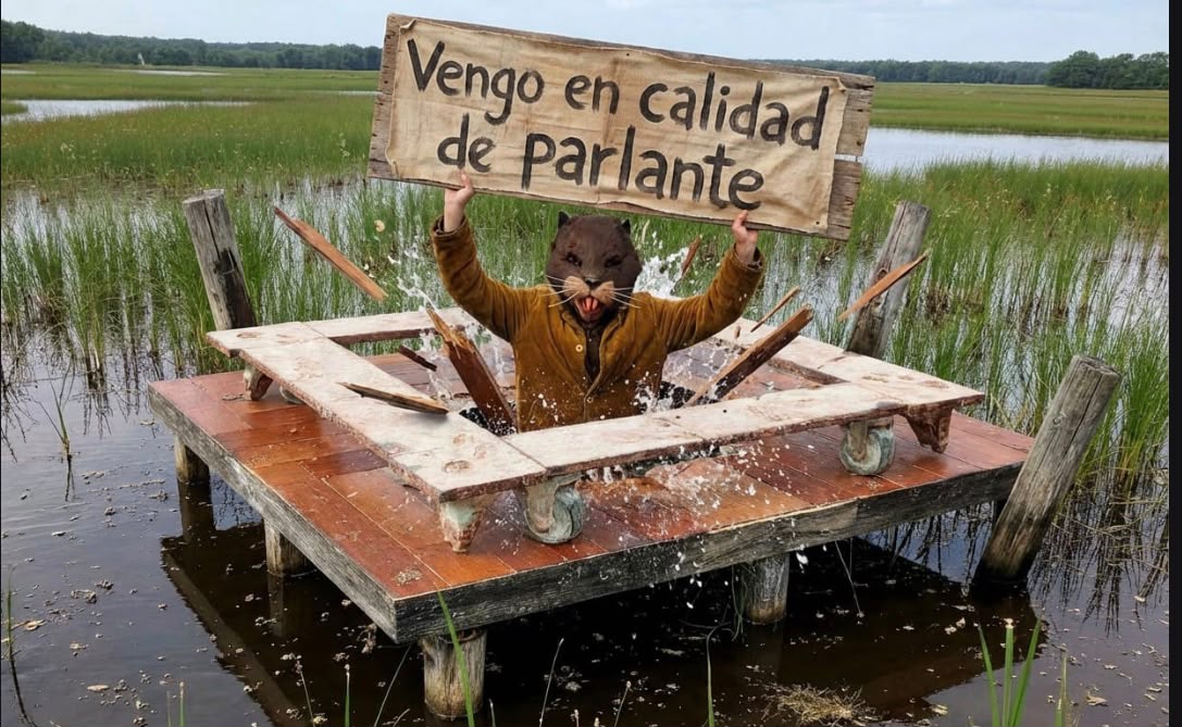 Escena de la obra Informe Coipo donde un actor caracterizado como coipo sostiene un cartel con el mensaje Vengo en calidad de parlante.