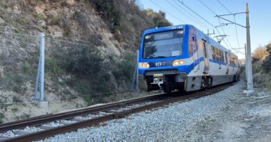 Tren de EFE circulando por el sector de Paso Hondo tras la instalación de mallas de protección.
