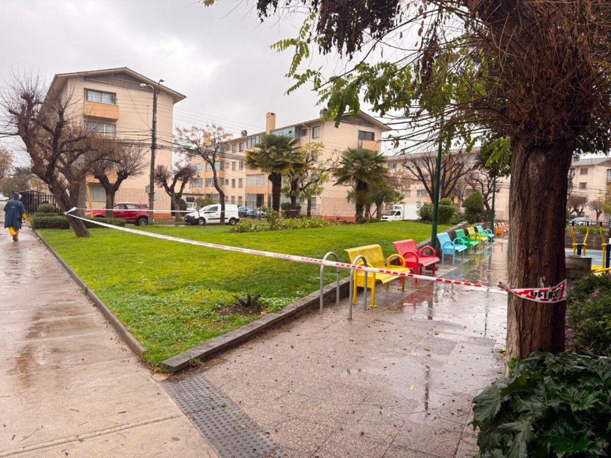 Cierre de seguridad en plaza pública con bancas de colores.