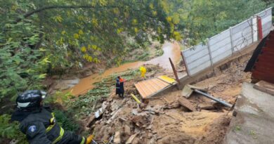 Personal de Bomberos evalúa el socavón en el borde del Estero Quilpué.