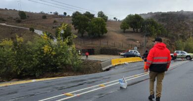 Personal municipal inspeccionando socavón en la ruta que une Catapilco con Zapallar.