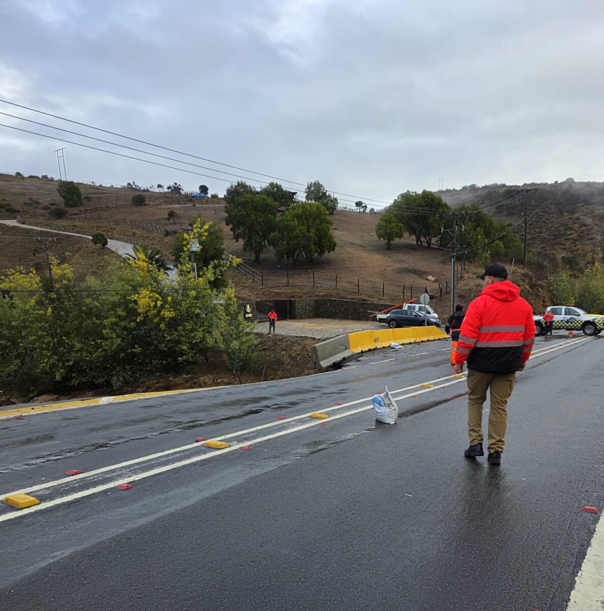 Personal municipal inspeccionando socavón en la ruta que une Catapilco con Zapallar.