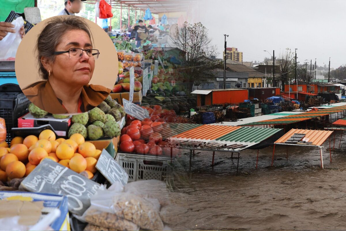 Vista de una feria libre afectada por inundaciones y retrato de la presidenta de ASOF, Paola Morales.