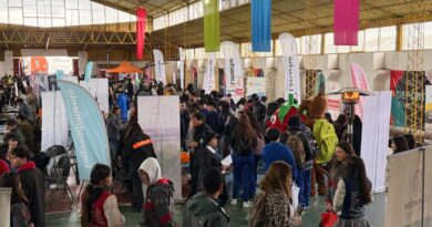 Vista general de la Feria Vocacional, Laboral y de Emprendimiento en el Gimnasio Municipal de Limache.