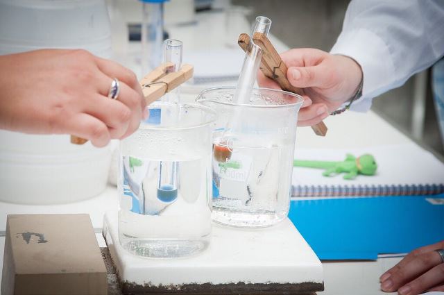 Estudiantes realizando experimentos químicos en laboratorio.