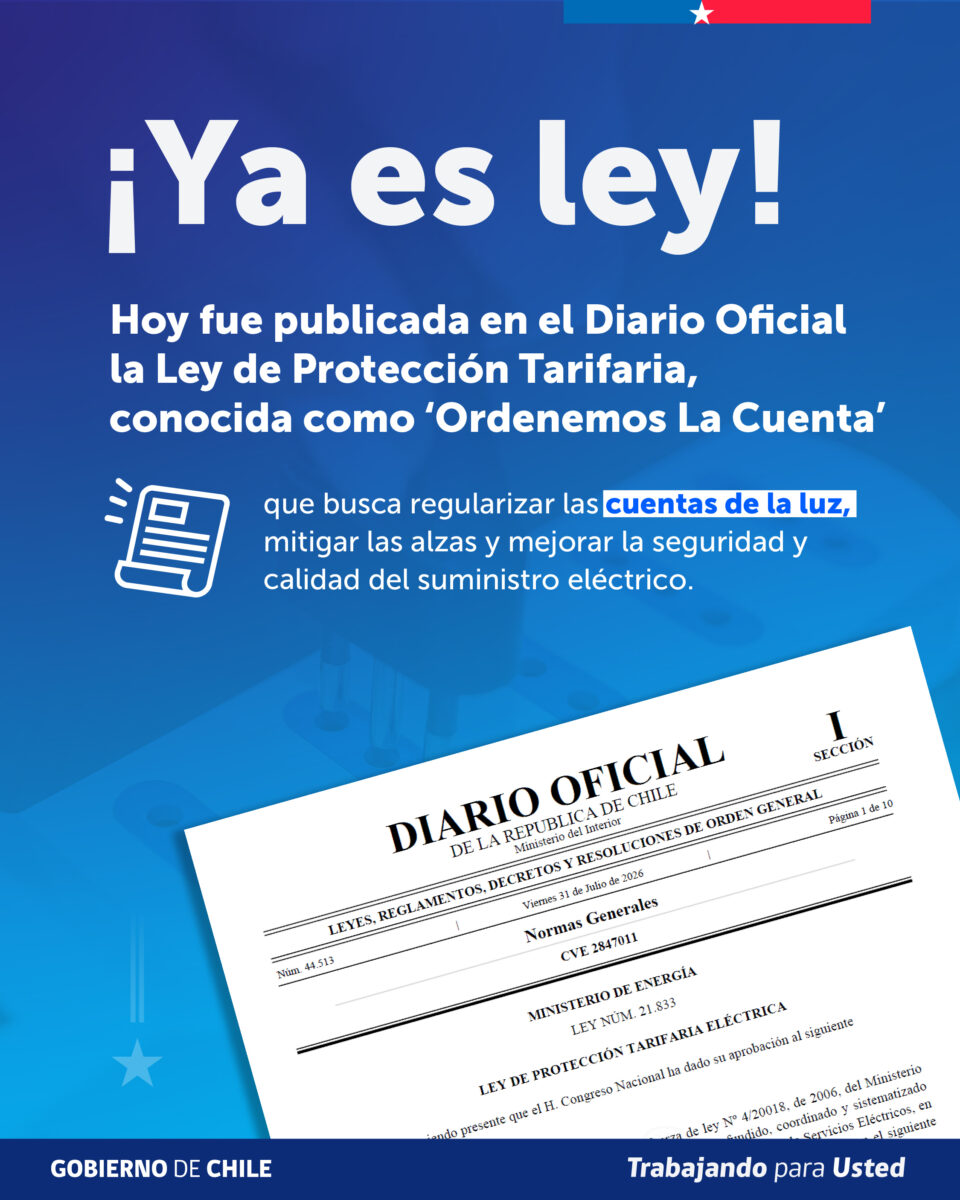 Publicación en el Diario Oficial de la Ley N° 21.833 de Protección Tarifaria.