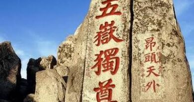 Paisaje de una montaña sagrada en China con inscripciones tradicionales en piedra.